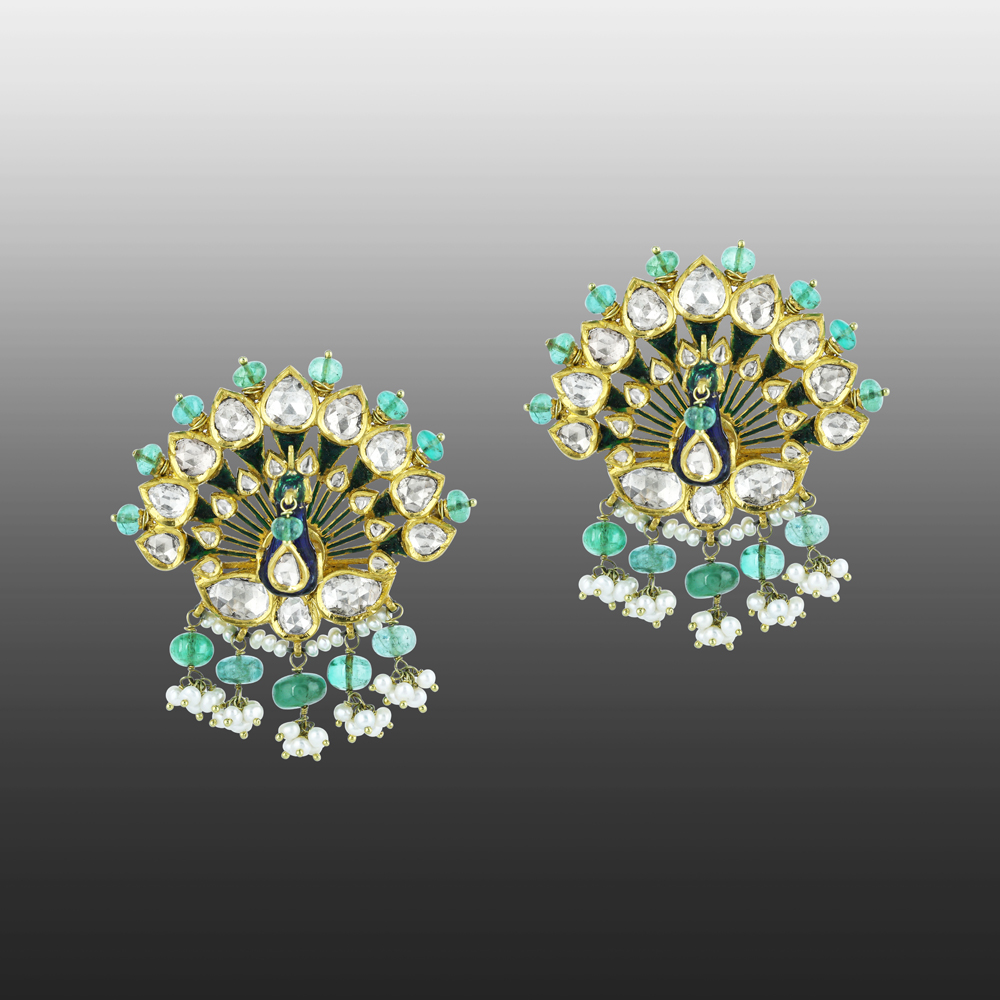 Peacock Polki Earrings with Emerald Beads and Pearl Cluster